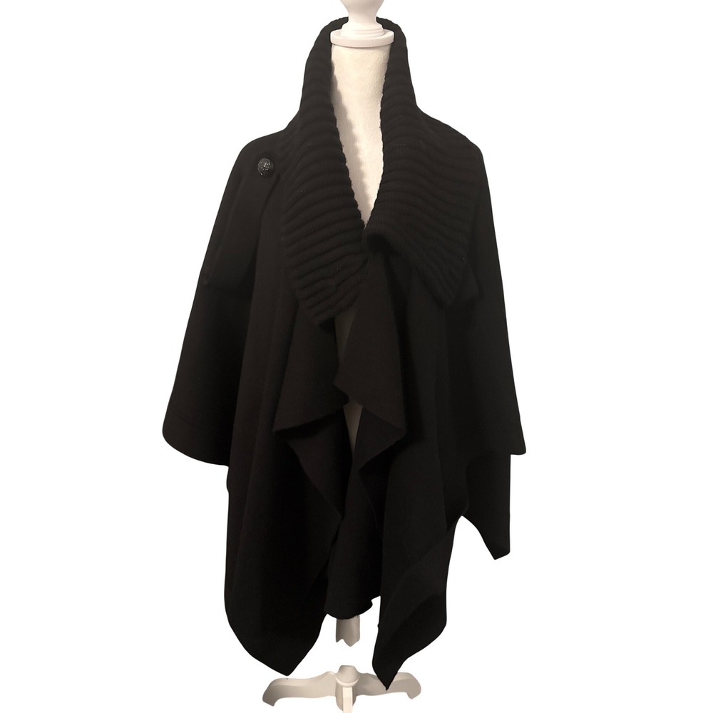 Burberry Black Wool Blend Shawl Collar Poncho Cape Wrap One Size
